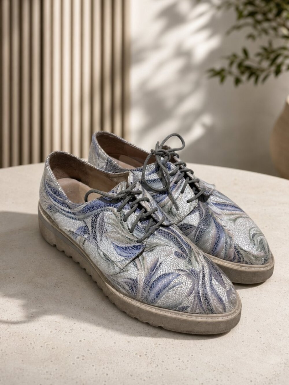 Gadea Metallic Floral Leather Platform Oxford Shoes Silver Blue Size 8